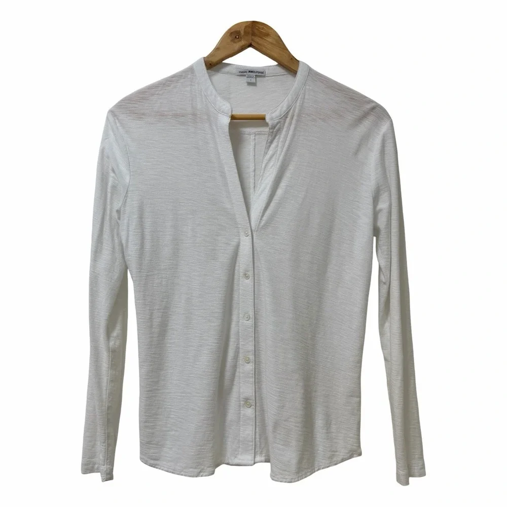 James Perse‎ Women Cotton Modal Slub L/S V Neck Button Down Shirt Size 1/S White